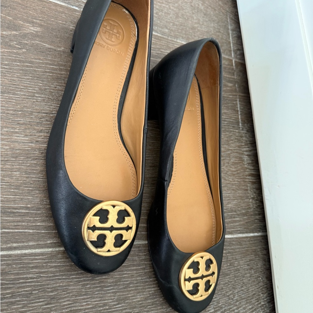 Tory Burch Black Flats with Gold Logo